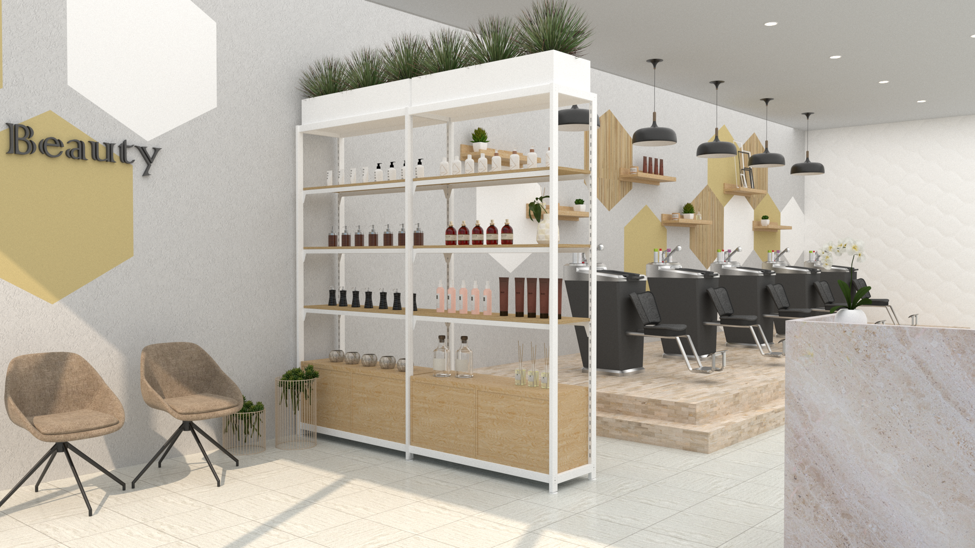 Room divider shelving system in salon