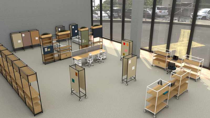 Room divider shelving system in office